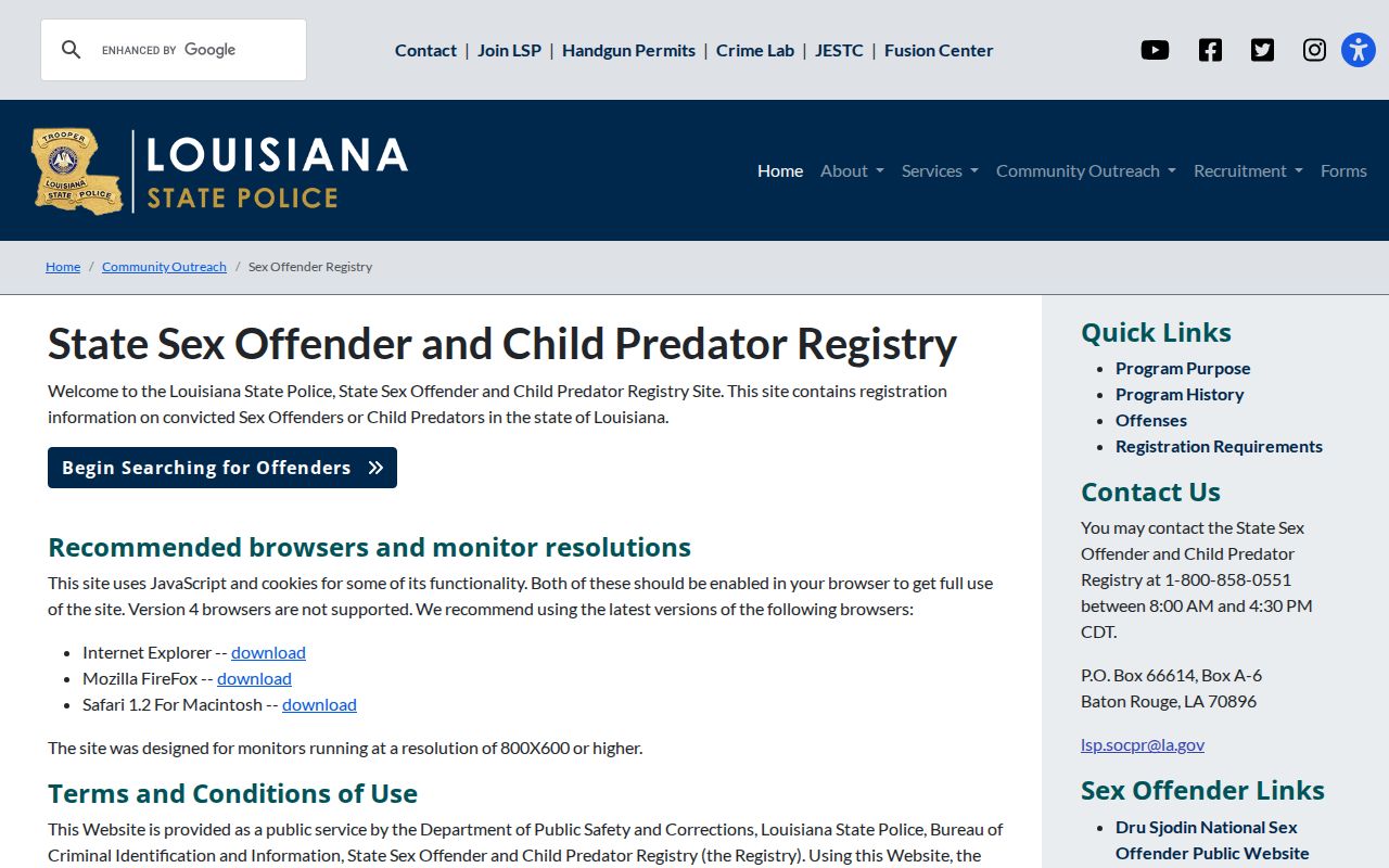DeSoto Parish sex offender check Louisiana registry conditions