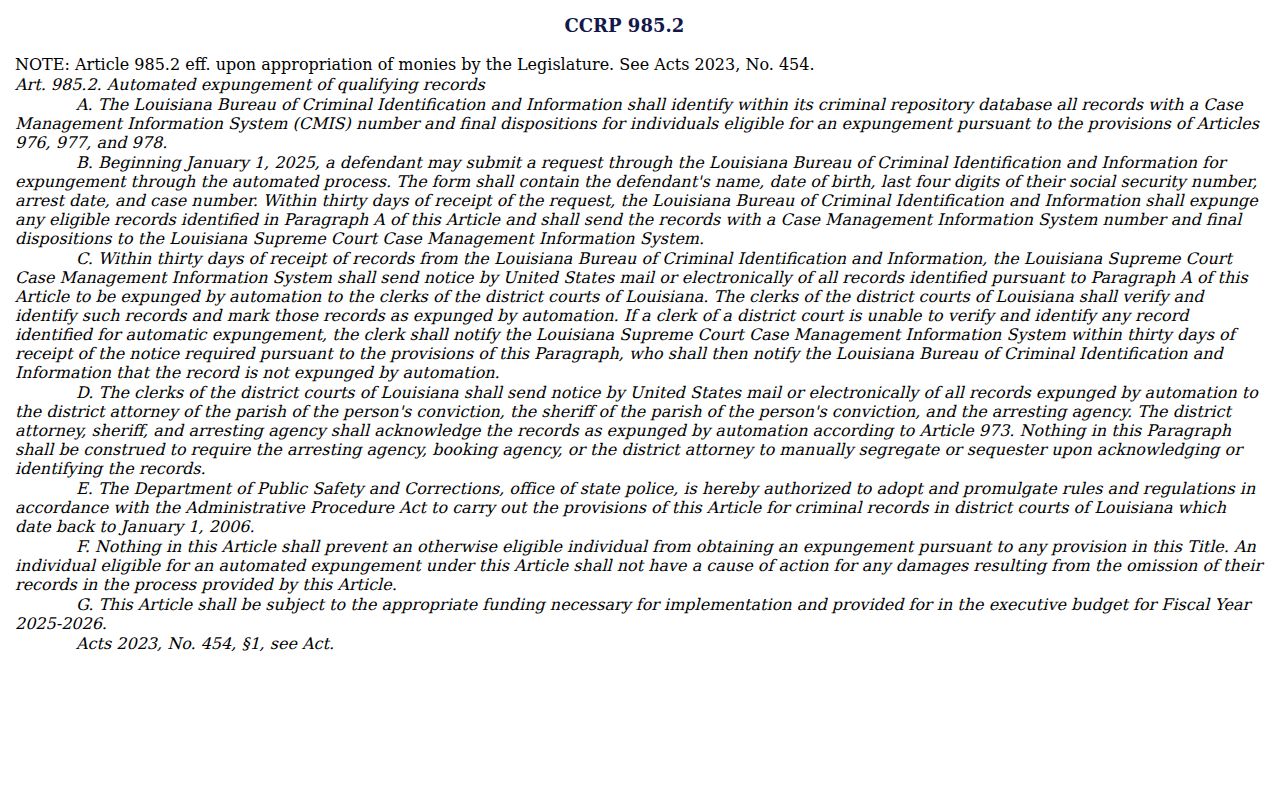 Louisiana automated expungement framework in article 985.2