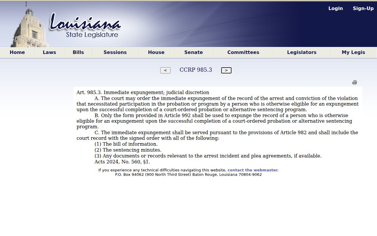 Louisiana immediate expungement provisions in article 985.3
