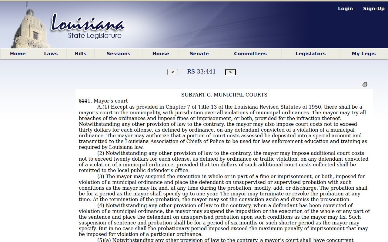 Louisiana mayor's-court jurisdiction statute