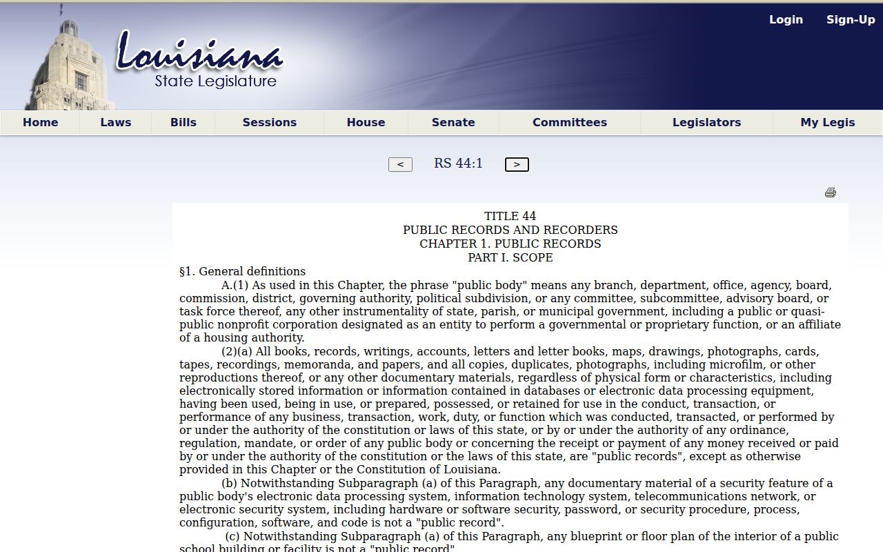 Louisiana Revised Statutes public-record definitions