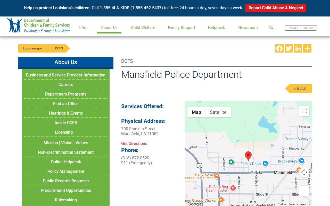 Louisiana government directory entry for Mansfield Police Department