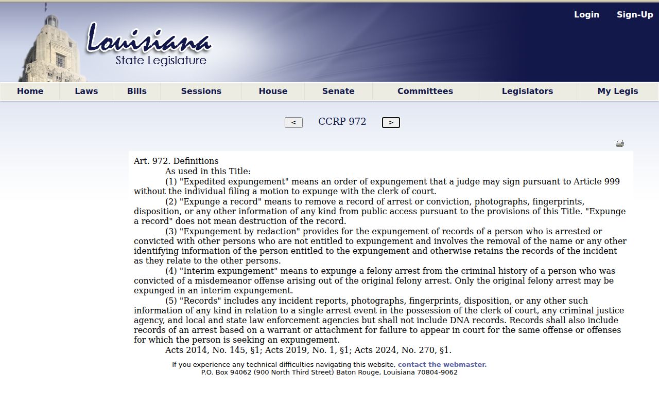 Louisiana expungement definitions in article 972
