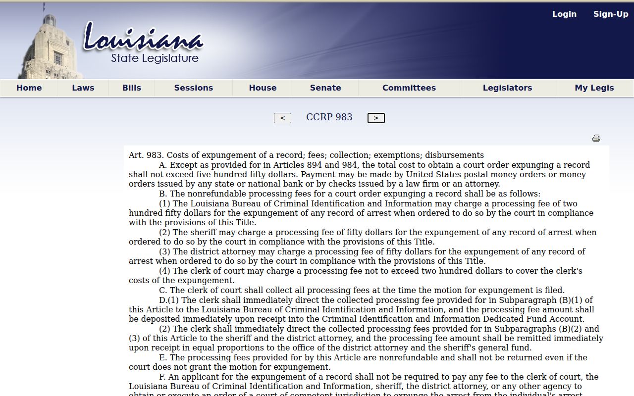 Louisiana expungement fees under article 983