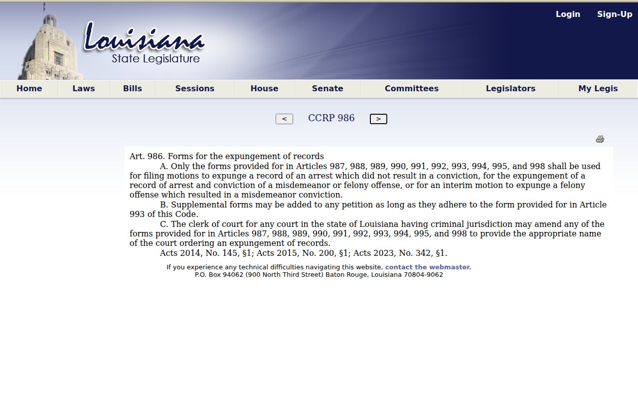 Louisiana mandatory expungement forms under article 986
